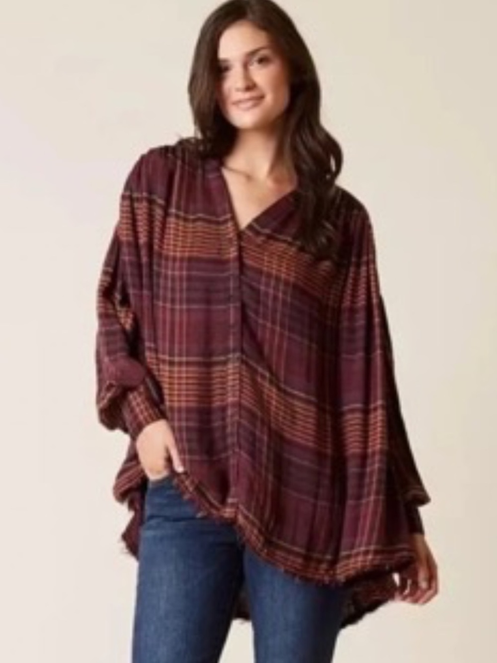 Free People Come On Over Button-Down Plaid Shirt Flowy Oversized Top Small S